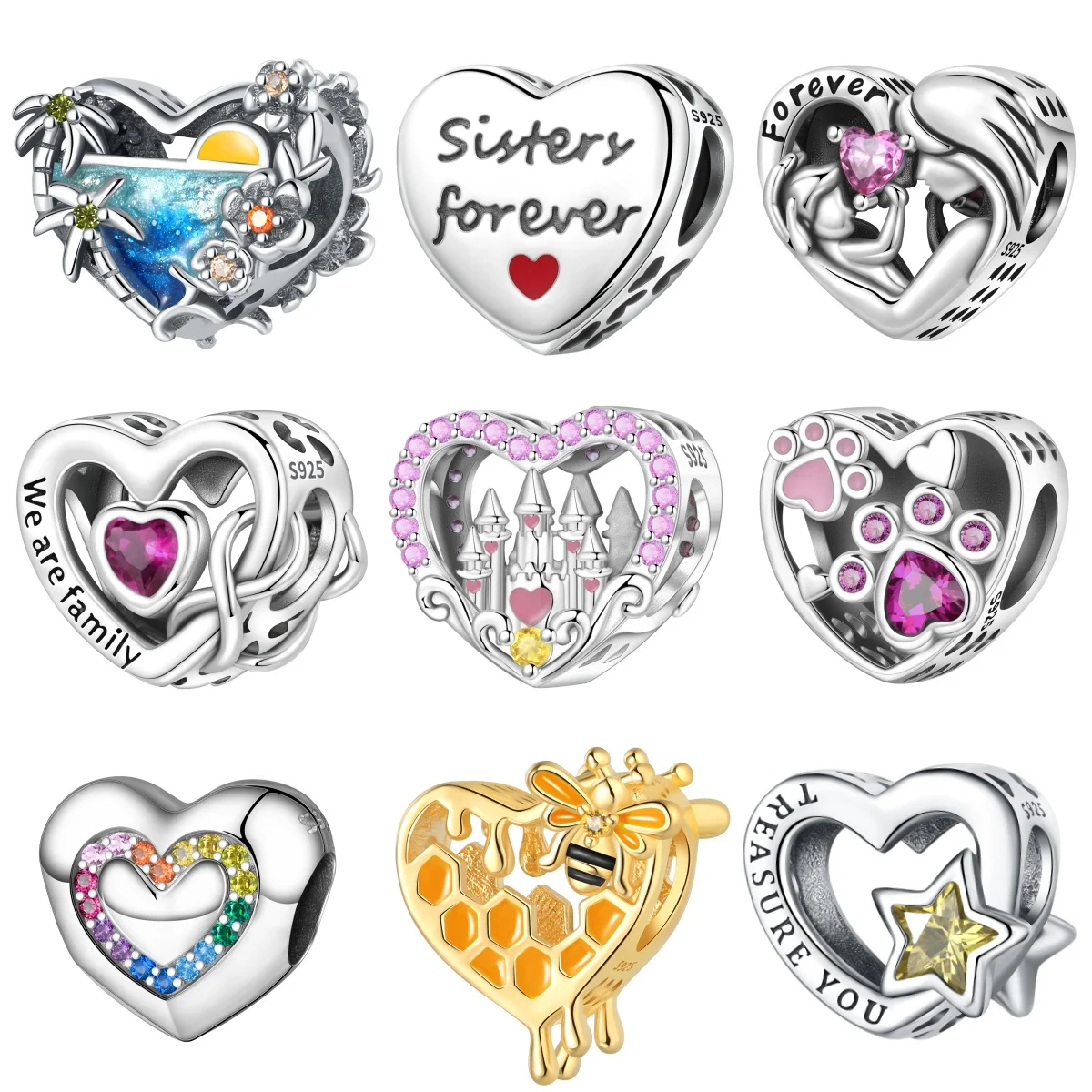 Perle en argent sterling 925 originale, motif cœur d'amour pour la famille et l'amitié, compatible avec les bracelets, pour la fabrication de bijoux DIY, cadeaux d'anniversaire quotidiens