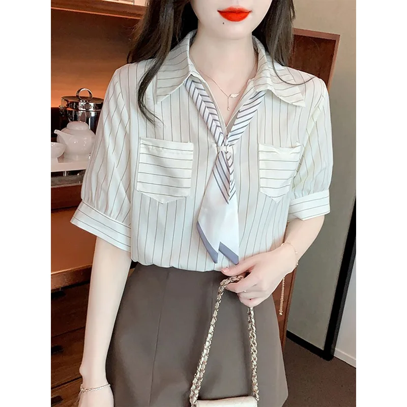 

2023 New Summer Commuting Temperament Simple Lapel Scarf Tie Stripe Patchwork Pocket Fashionable Casual Loose Versatile Shirt