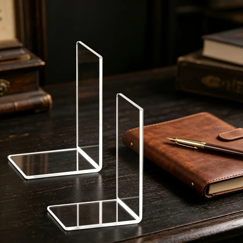 

6pcs Acrylic Bookends - Transparent L-Shaped Desk Organizer, Bookshelf for Office And Home, Book Display Rack