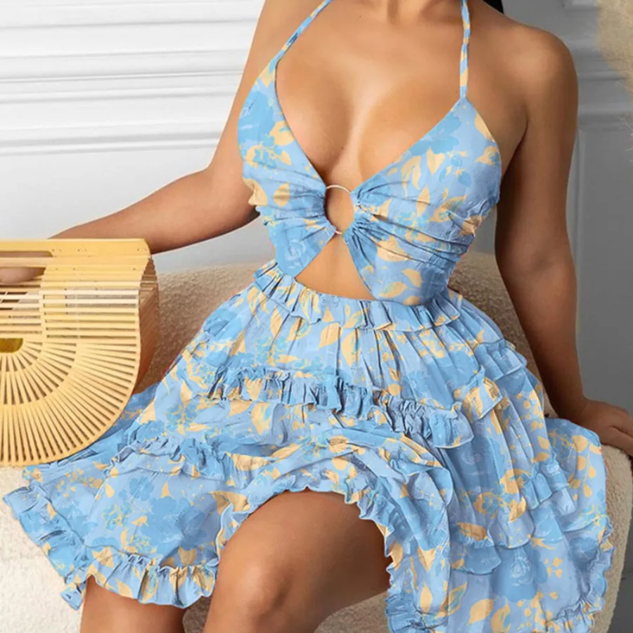 

【New style】2026 spring new women's dress printed sexy hanging neck sling hollow cake dress