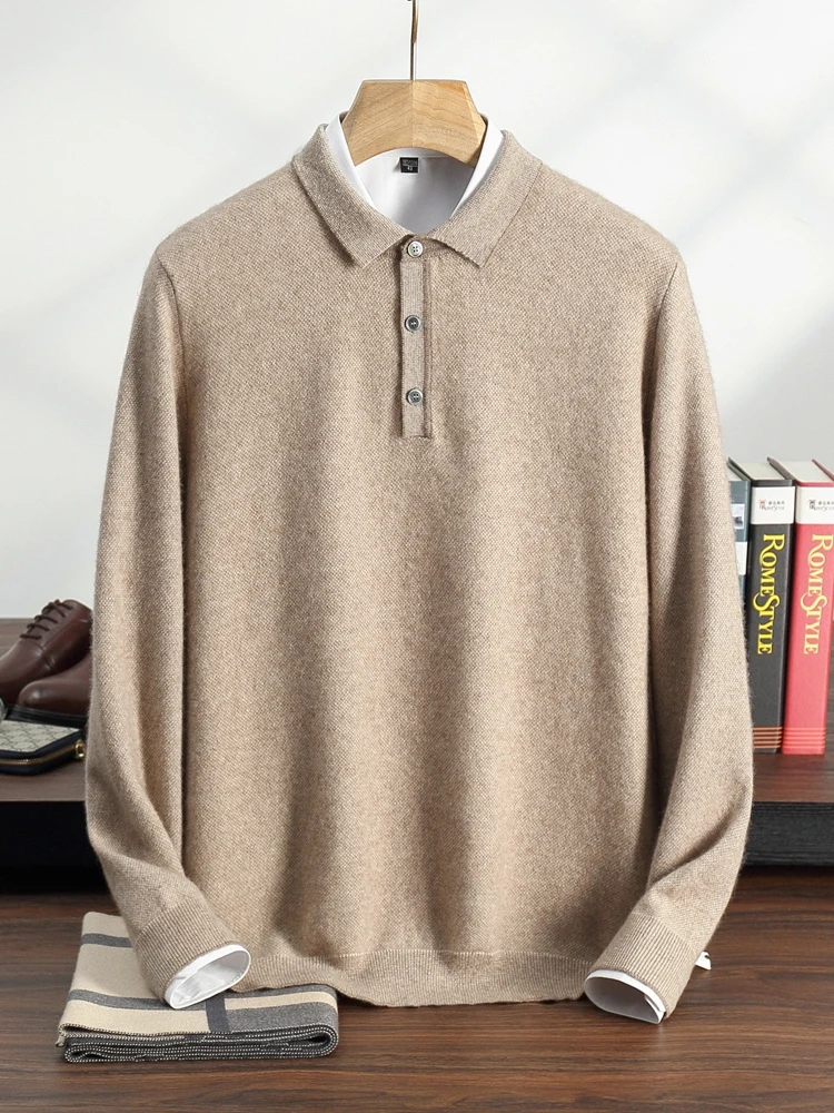 TLOML Men's 100% Cashmere Polo Sweater Autumn Winter Basic Smart Casual Long Sleeve Pullover Cashmere Knitwear Soft Comfy Tops
