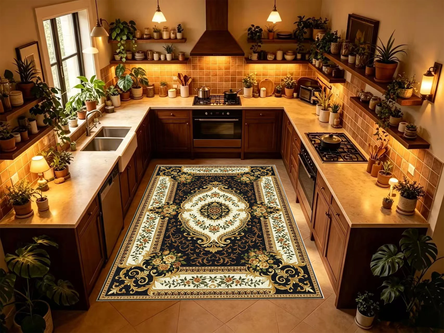 Black Gold Luxury European Square Area Rug Vintage Rose Medallion Border Printed Floor Carpet for Living Room Bedroom Home Decor