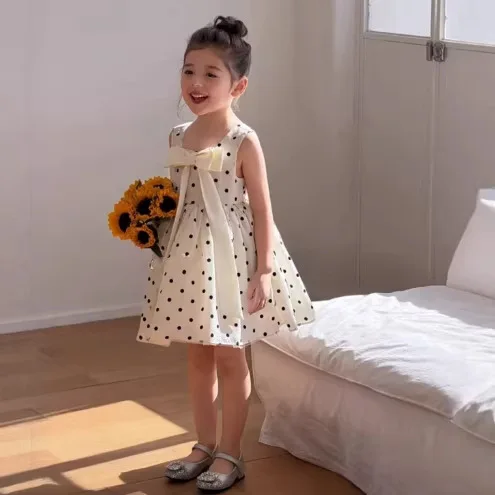 

Children Dress Girls Polka Dot Sleeveless Dress Fluffy Bow Princess Dress 2026 Spring and Summer New