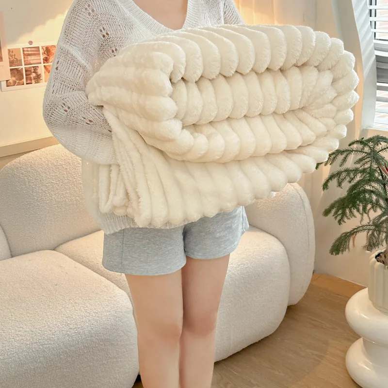 New Upgraded Thick Flannel Rabbit Fur Nap Blanket with Thick Striped Magic Fur Imitation Rabbit Fur Blanket Sofa Throw Blanket