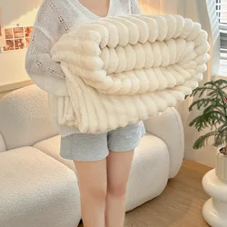 New Upgraded Thick Flannel Rabbit Fur Nap Blanket with Thick Striped Magic Fur Imitation Rabbit Fur Blanket Sofa Throw Blanket