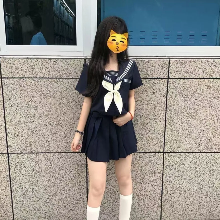 

plus Size College Uniform Set Sailor Suit Navy Collar Short Sleeve Women's Fashion Ensemble Polyester Fabric Casual Style