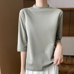 Women's Short sleeved Spring/Summer New Split Sleeve Tank Top Casual Half Height Round Neck Pullover 100%Cotton T-shirt Top Tees