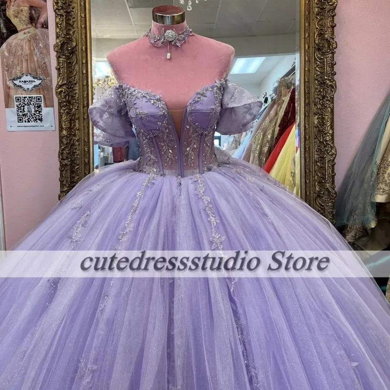 Elegant Lilac Quinceanera Dresses 2024 Off The Shoulder Sequin Applique Corset Back Vestido De XV Anos Sweet 16