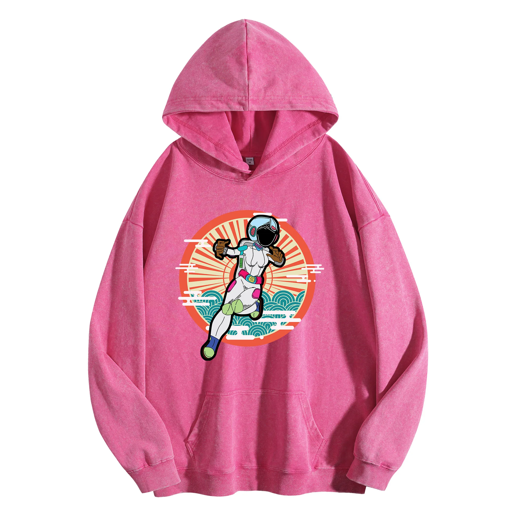 سترة بغطاء للرأس برسومات Space Vintage المغسولة 400G للجنسين كبيرة الحجم لخريف/شتاء #2