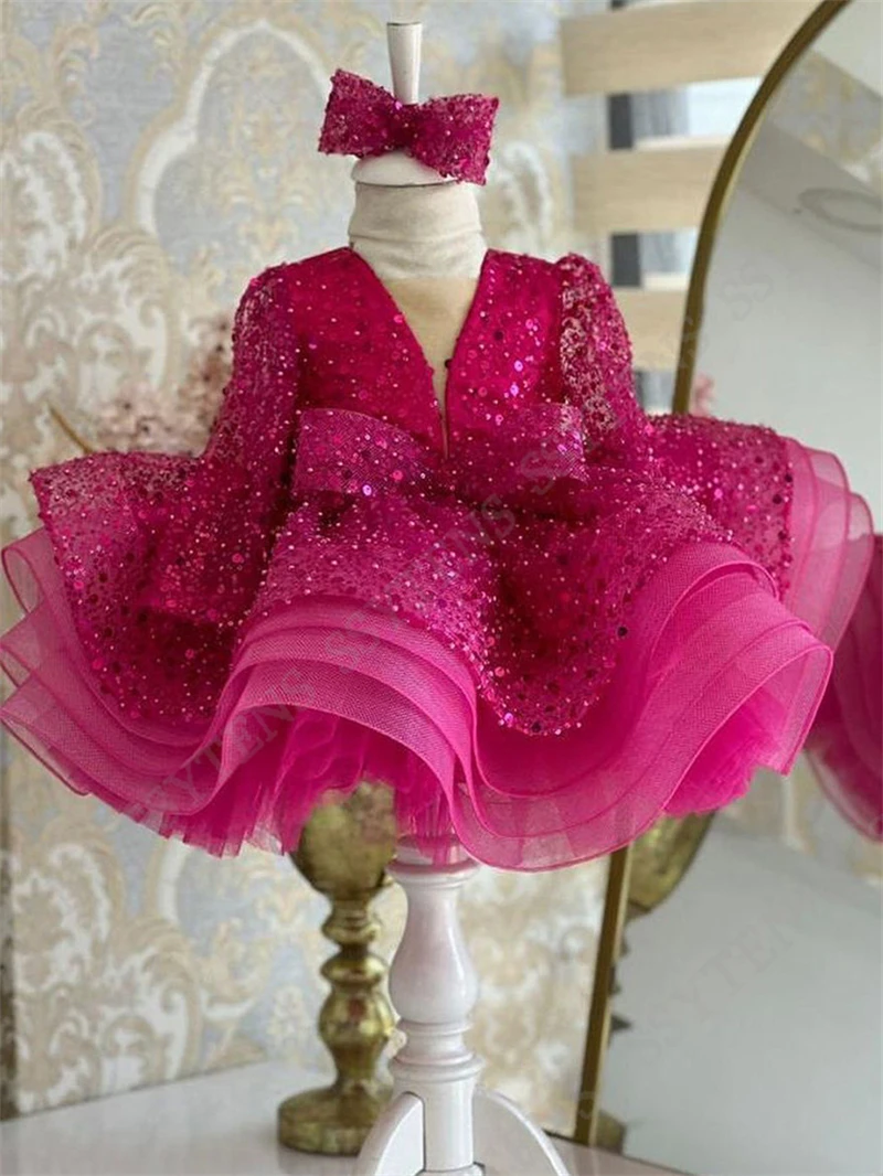 SSYTENS 귀여운 a 라인 새틴 미니 푹신한 꽃의 소녀 드레스 긴 소매 공주 아이 가운 2025 생일 파티 드레스 맞춤형 ﻿