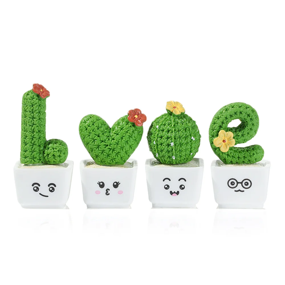 1/4Pcs Cactus Flower Figurines Car Decoration Cactus Miniatures Resin Micro Ornaments Micro Landscape Figurine Mini Sculpture