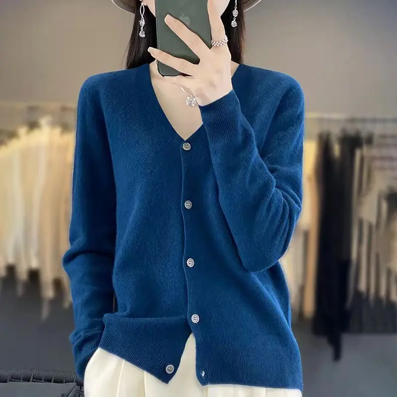 100% Merino Wool Cardigan For Women\'s Spring And Autumn Long Sleeved Solid Color Warm And Soft Cashmere Knitted Sweater Top