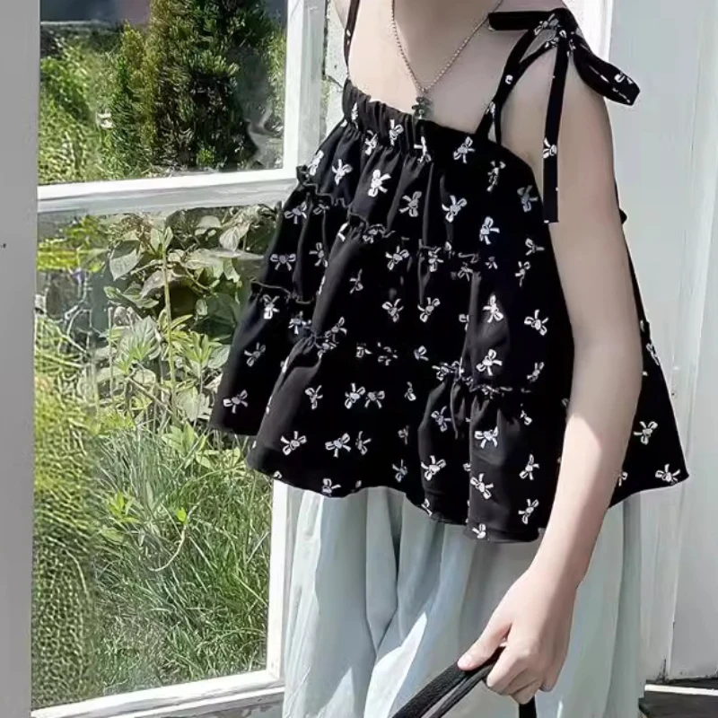 Vests Princess Girls Black Fragmented Flowers Sling Children Korean Sweet Korean Bow Knot Chiffon Tops 2024 Simple