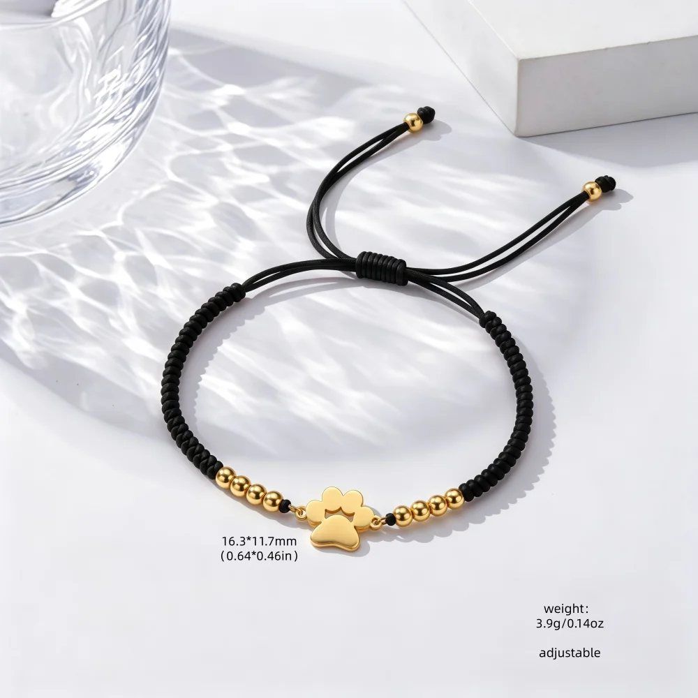 Stainless Steel Vacuum 18K Gold Plated Paw Print Bracelet Women Red Braided Rope Adjustable Drawstring Bracelets Cute Pet Dog Ca