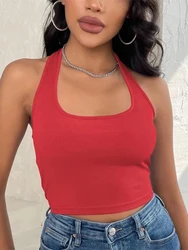 Women's Sleeveless Vest Ribbed Knit Top Halter Neck Summer Basic Red Casual Sports Vest Off Shoulder Ladies Vest Casual Sexy