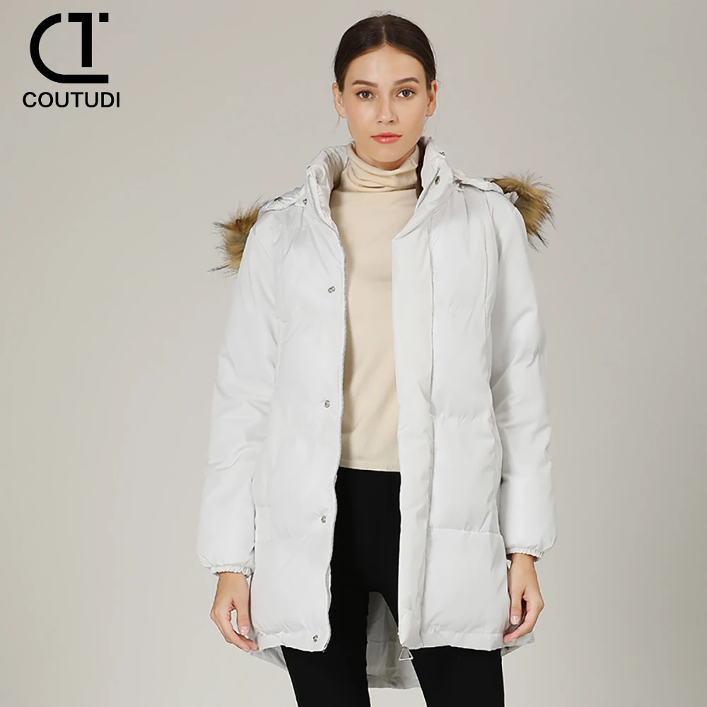 COUTUDI-Women\'s Winter Long Coats, Warm Down Cotton Jacket, Fur Collar, Hooded Parka, Overcoat, Korean Fashion Outwear, Female,