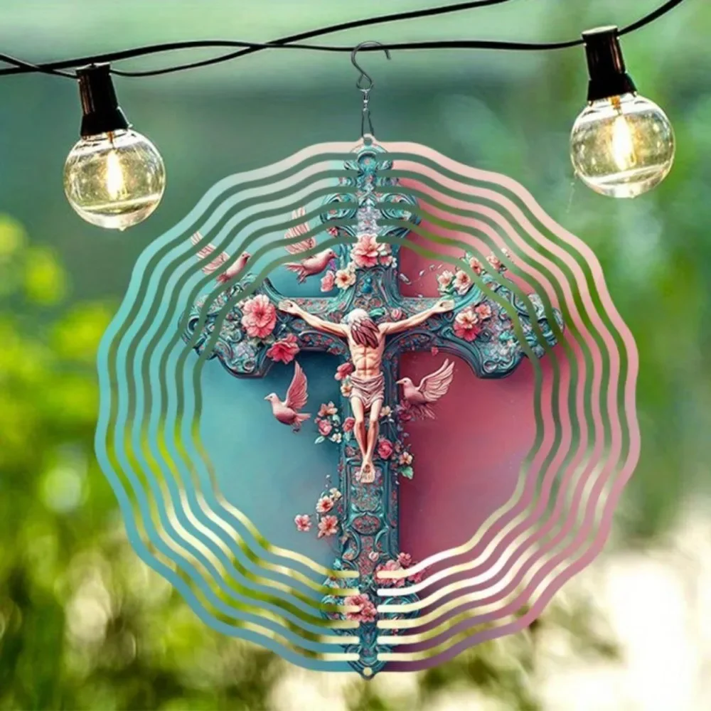 CIFBUY Wind Chimes Dove & Cross 3D Metallic 360 Rotating Garden Spinner Hanging Ornament Decor for Patio Yard Lawn Porch