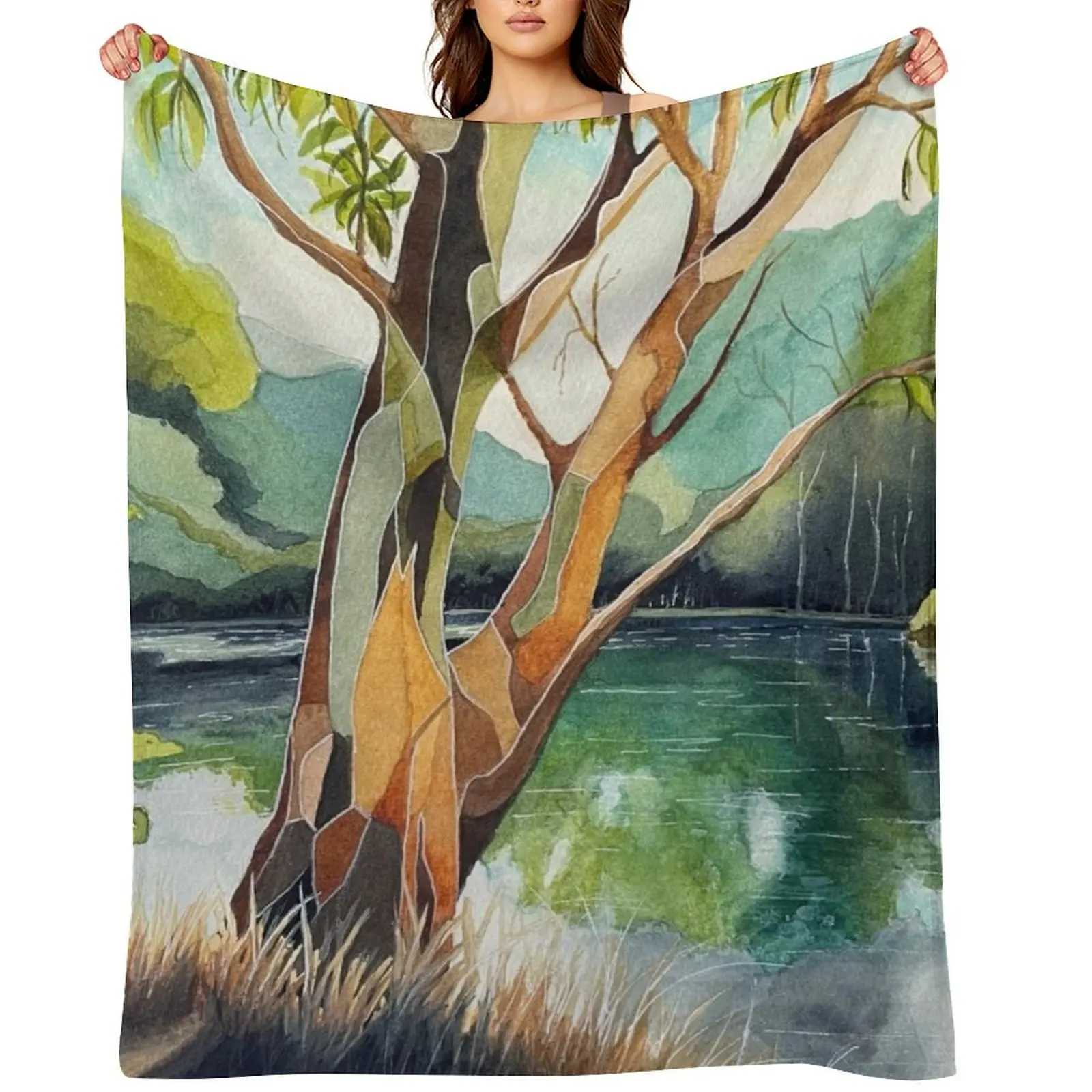 

Abstract watercolour of a gum tree in pretty river setting Throw Blanket for winter Shaggy For Decorative Sofa Blankets