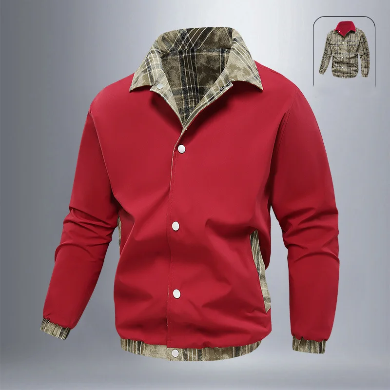 

Autumn Men Jacket Fashion Plaid Turn Down Collar Male Two-sided Outerwear Single-breasted Long Sleeve Soft Versatile Man Coat