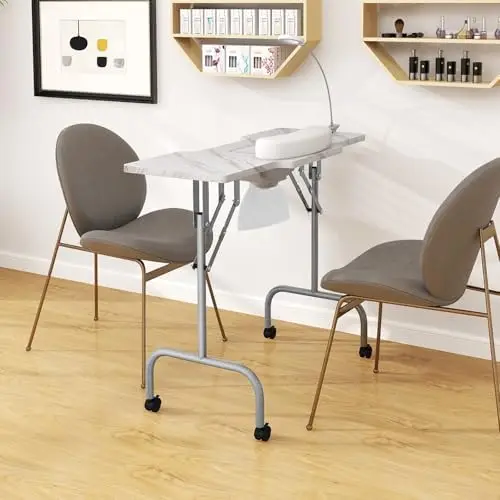 Foldable Nail Desk - Manicure Table with Built-in Dust Collector Fan, Adjustable Task Light, Client Wrist Pad, 4