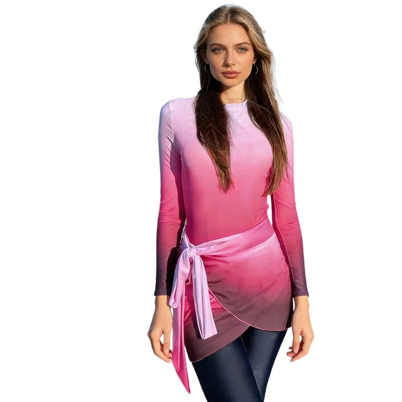 Nouveau burkini Femmes musulmanes Maillots de bain trois pièces Dégradé bleu Manches longues Pantalons Maillots de bain anti-UV Vêtements de plage d'été ​