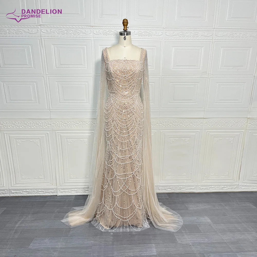 Luxury Dubai Mermaid Evening Dresses with Cape Sleeves Beads Quare Collar for Women Wedding Arabic Bridal Party Gowns