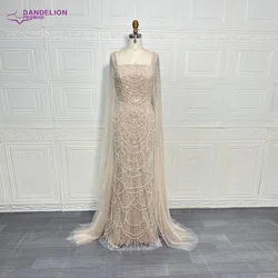 Luxury Dubai Mermaid Evening Dresses with Cape Sleeves Beads Quare Collar for Women Wedding Arabic Bridal Party Gowns