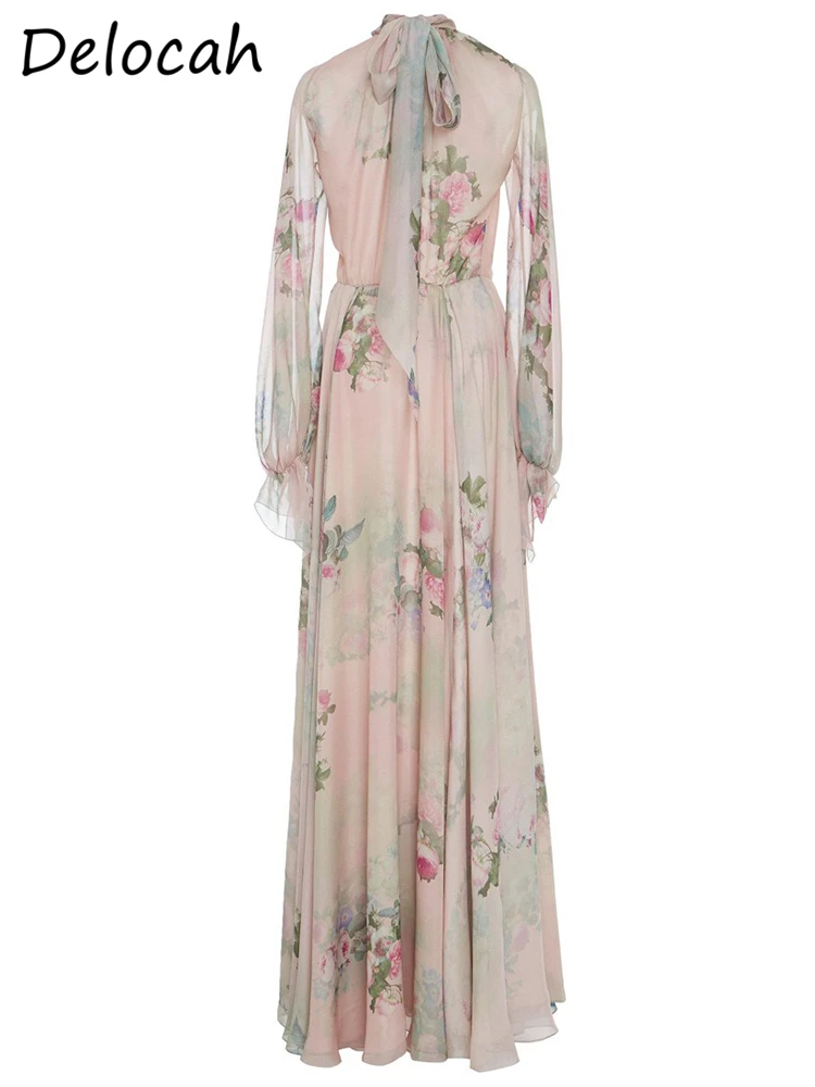 Delocah High Quality Spring Women Fashion Runway Big Swing A-Line Dress Flare Sleeve High Waist Holiday Flower Printed Dresses