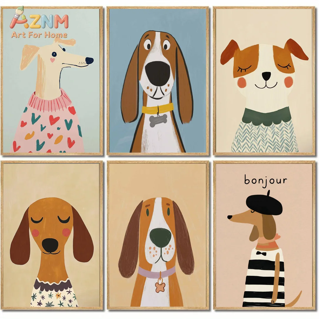 AZNM Cute Cartoon Dog Canvas Print Dachshund Beagle Puppy Wearing Clothes Bonjour Neutral Soft Color Kids Nursery Bedroom Animal