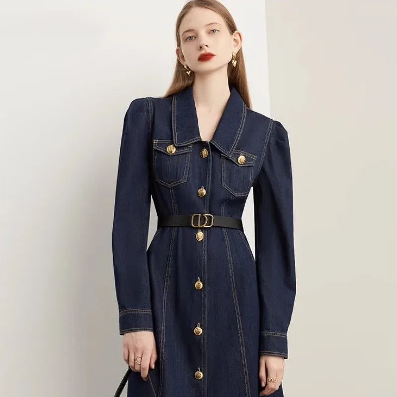 Blue Lapel Denim Dress For Women In Autumn And Winter, New Retro Commuting Style, Slim Denim Dress With A Waistband