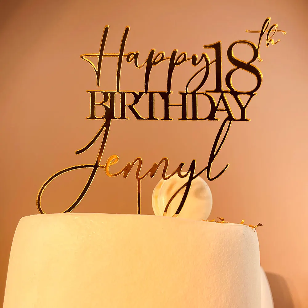Personalized Happy Birthday Cake Topper Name + Age Cake Topper for Birthday Custom Mirror Gold Cake Toppers Rustic