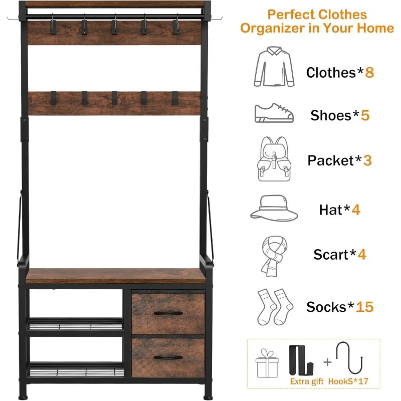 Hall Tree, 31.5” Entryway Bench with Coat Rack Freestanding, 5 in 1 Intelligent Design Shoe Bench and Wall Rack 17 Hooks