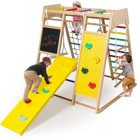 10-in-1 Kids Wooden Climbing Toys, Toddler Jungle Gym w/Drawing Board, Slide, Climbing Rock & Net, Ladder, Monkey Bars, Swing, G