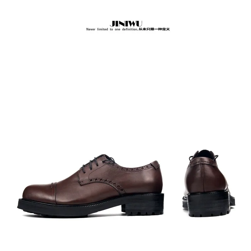 JINIWU 2026 Autumn Winter New Elevator Leather Shoes Coffee Round Toe Derby Thick Sole Brown Cowhide Men Shoes