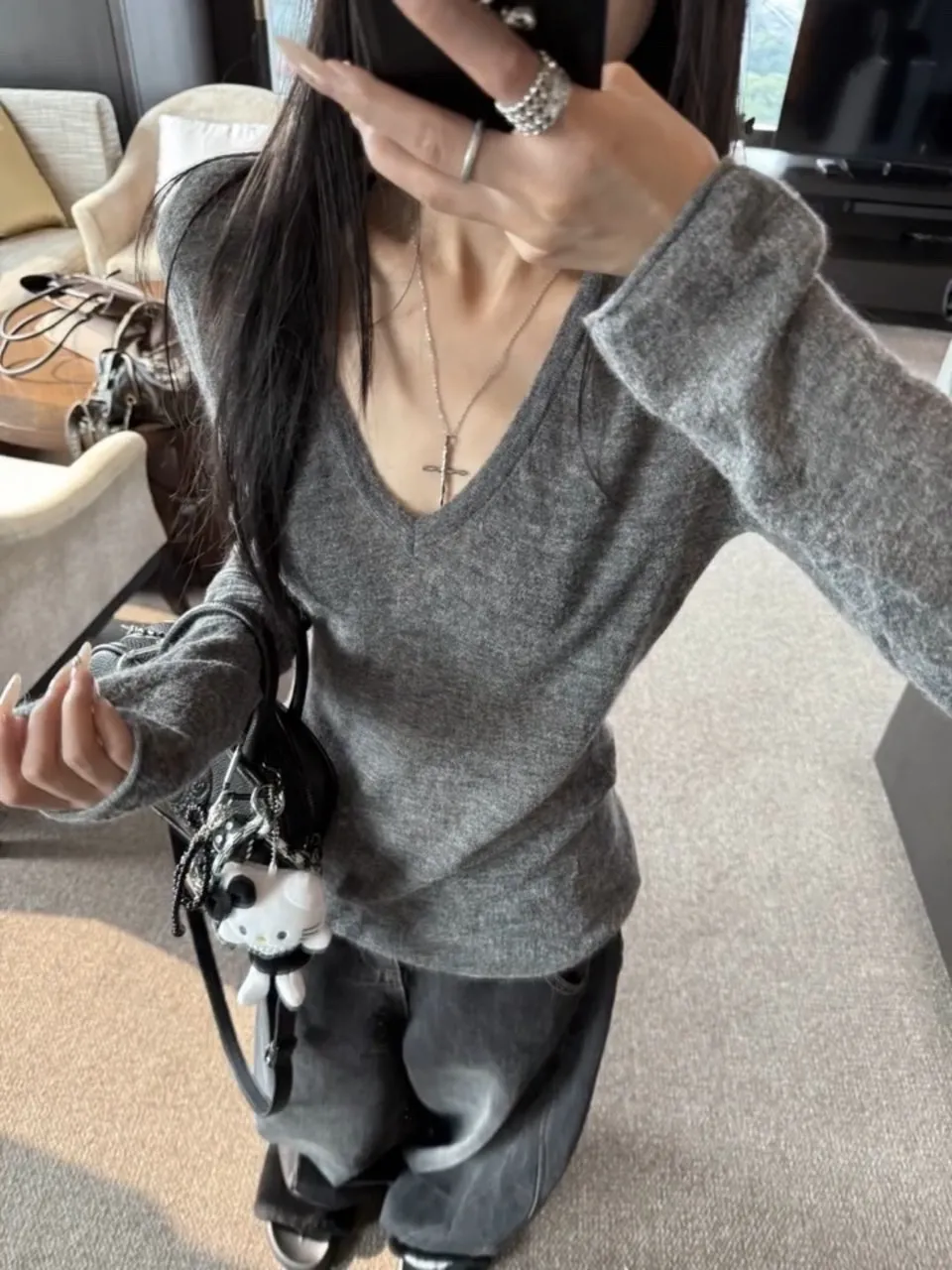 Coreano Sle ey V-Ne Lungo Sve Top lavorato a maglia Donna Autunno Inverno Slim Fit Strato base irt Abbigliamento interno T-irt di colore puro