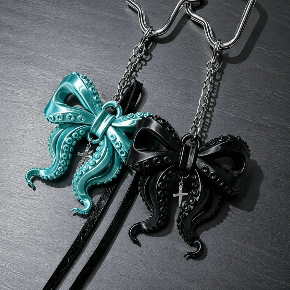 3D Printed Octopus Tentacle Bow Keychain Creative Unique Octopus Bow Pendant Cross Gothic Cthulhu Style Keyring Backpack Decor