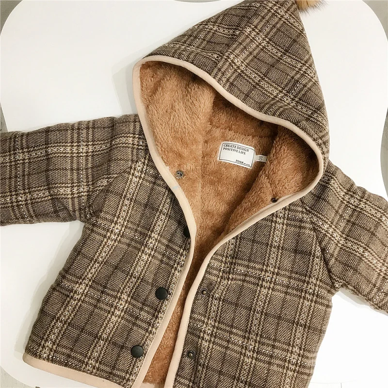 Chenchen's New Autumn Winter Girls' Plaid Pom-Pom Top Children's Long Sleeve Jacket Baby Fleece Coat
