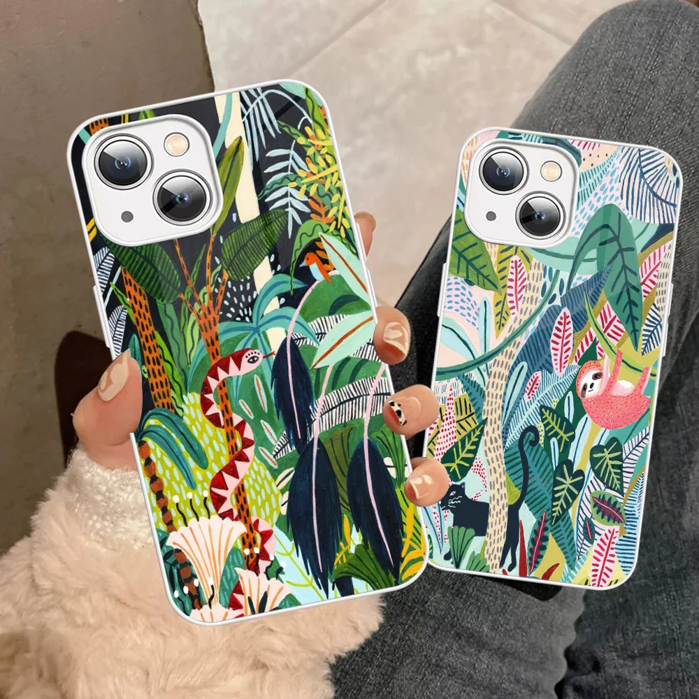 Tropical Jungle Print Leopard Phone Case For iPhone 14 13 12 Mini 11 Pro XS Max X XR 14 Plus Tempered Glass Cover