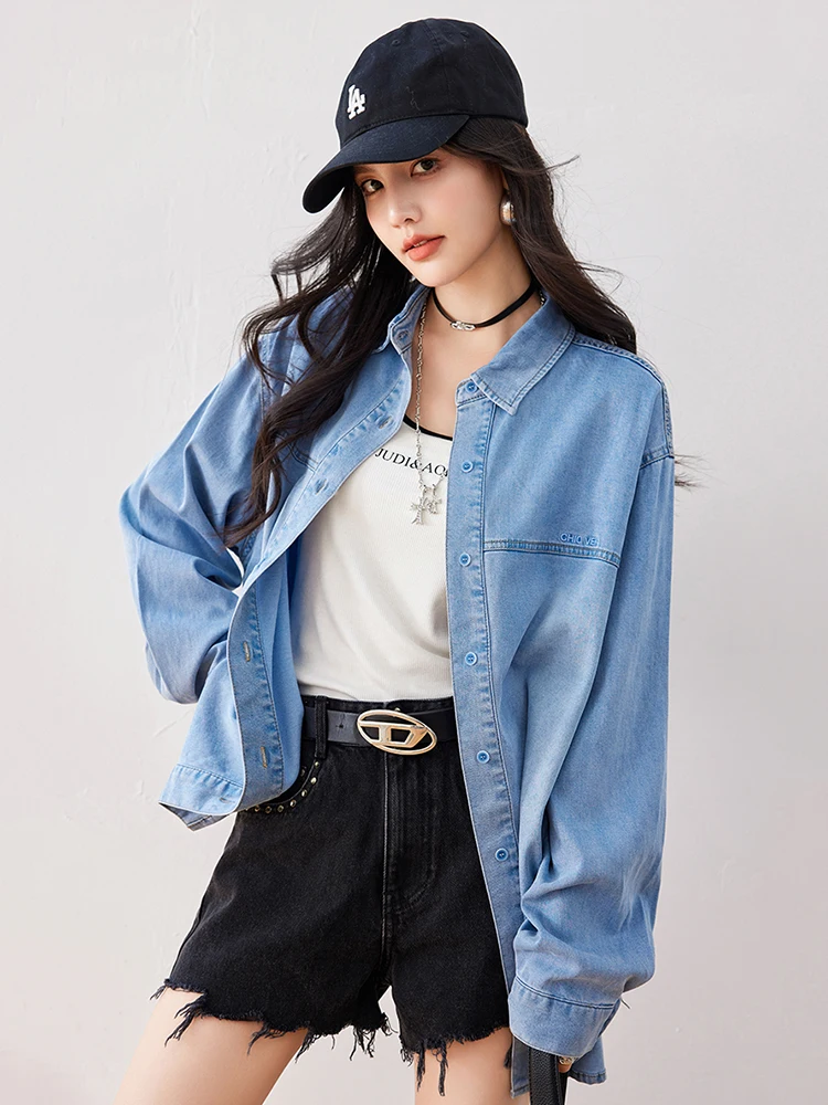 2024 New Vintage Denim Shirts Women\'s Fashionable Commuting Long Sleeve Denim Blouse Tops Female Casual Simple Outwear