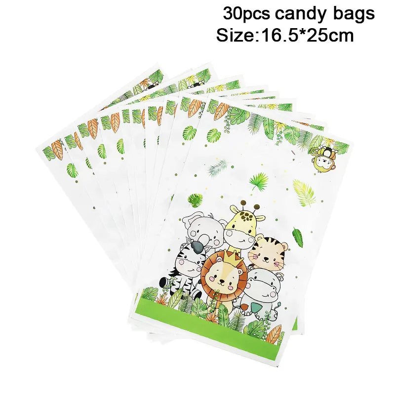 30pcs Wild One Palm Leaves Animal Candy Gift Bag Jungle Safari Birthday Party Packaging Bags Kids Baby Shower Decoration Favors