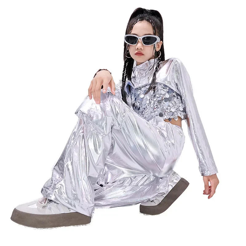 Hio ホップ女の子クールシルバースパンコールクロップトップダンスカーゴパンツ子供 K-POP ストリート子供ジャズガールグループ衣装服セット