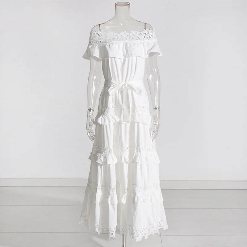 Novo babado um ombro vestidos longos primavera feminino sem mangas rendas em camadas vestido de verão cintura alta grande balanço tornozelo comprimento vestido