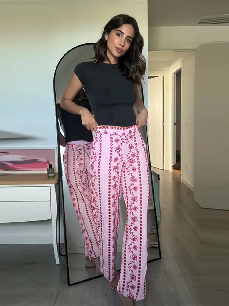 2026 Autumn Casual Print Women's Trousers Fashion Zippers Pocket  Button Wide Leg Female Pants Holidays Lady Bottoms New