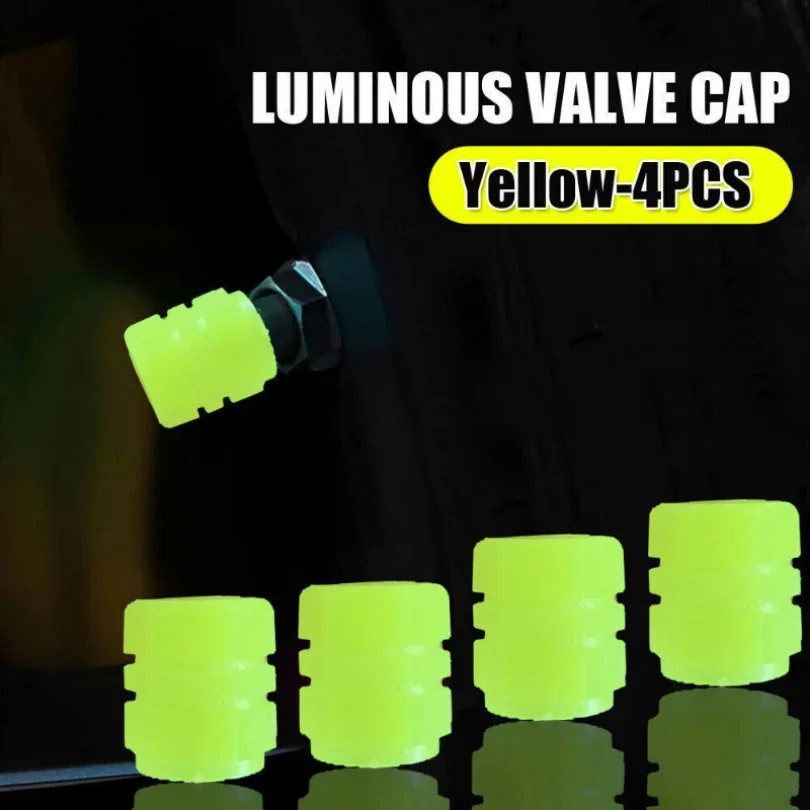 Yellow Car Valve Caps Tyre Valve Stem Air Dust Rim Cover Glow In Dark Accessory