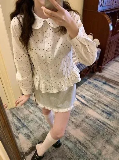 

Polka Dot Doll Collar Long Sve Women's irt Spring Design Sense Hem Lace irt Loose Fit Comfortable Breathable Polyester