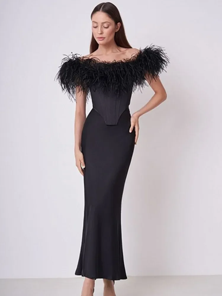 

Black Fake Two Pieces Bandage Dress for Women Off Shulder Furry Cut Out Mermaid Maxi Long Elastic Celebrity Evening Party Gowns