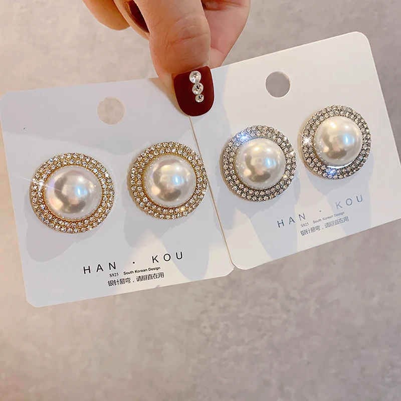 Imitation Pearls Gold& Silver Color Round Stud Earrings for Woman Luxury Crystal Earring Female Simulated Pearl Rinstone Earring