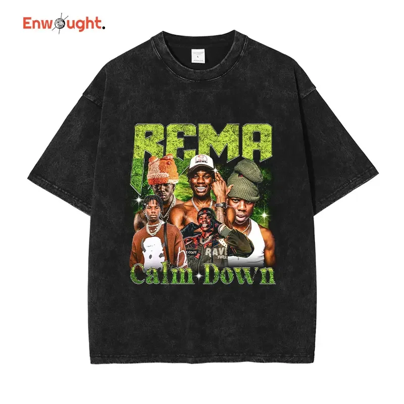 Rema T Shirt Hip Hop Rapper Calm Down Vintage Washed Tops Tees Oversized T-shirt Harajuku Old School Style Short Sleeve Men