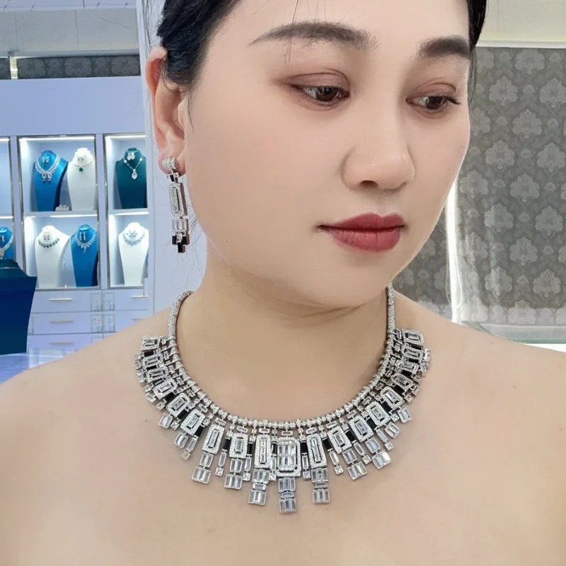 Vintage Style Earrings Necklace Women Lady Full Paved Baguette Cut CZ Black Onyx Tassels Pendant Wedding Party Jewelry Sets