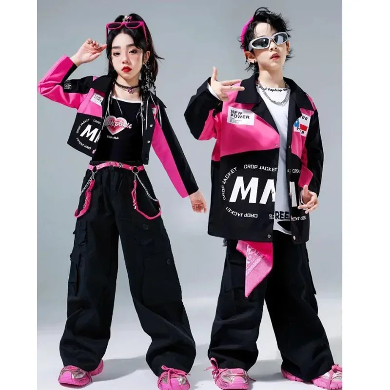 Boys Hip Hop Clothing Contrast Jacket Cargo Pants Girls Red Crop Coat Streetwear Street Dance Costumes Kids Jazz Clothes Sets